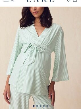 Lake Dream Modal Maternity Kimono/Pant Pajama Set Green Stripe Sz L EUC Soft